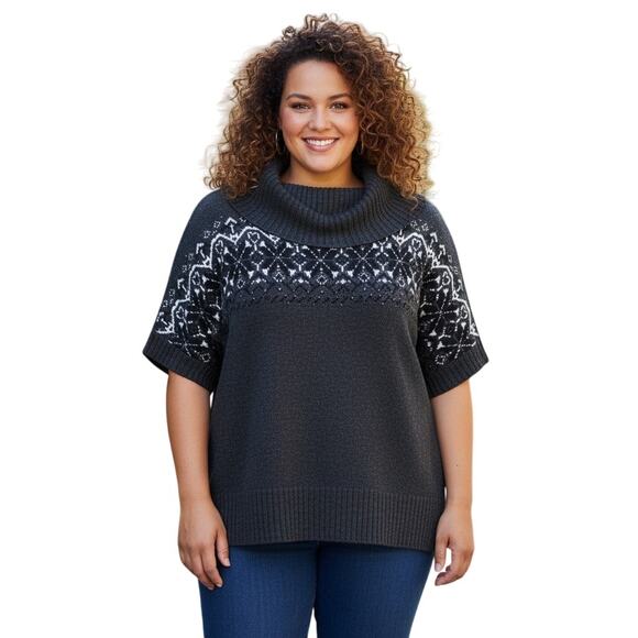 VTG Fair Isle Cowl Neck Short Sleeve Sweater Sz 2X Pullover Knit Top Gray Cozy - Picture 1 of 10